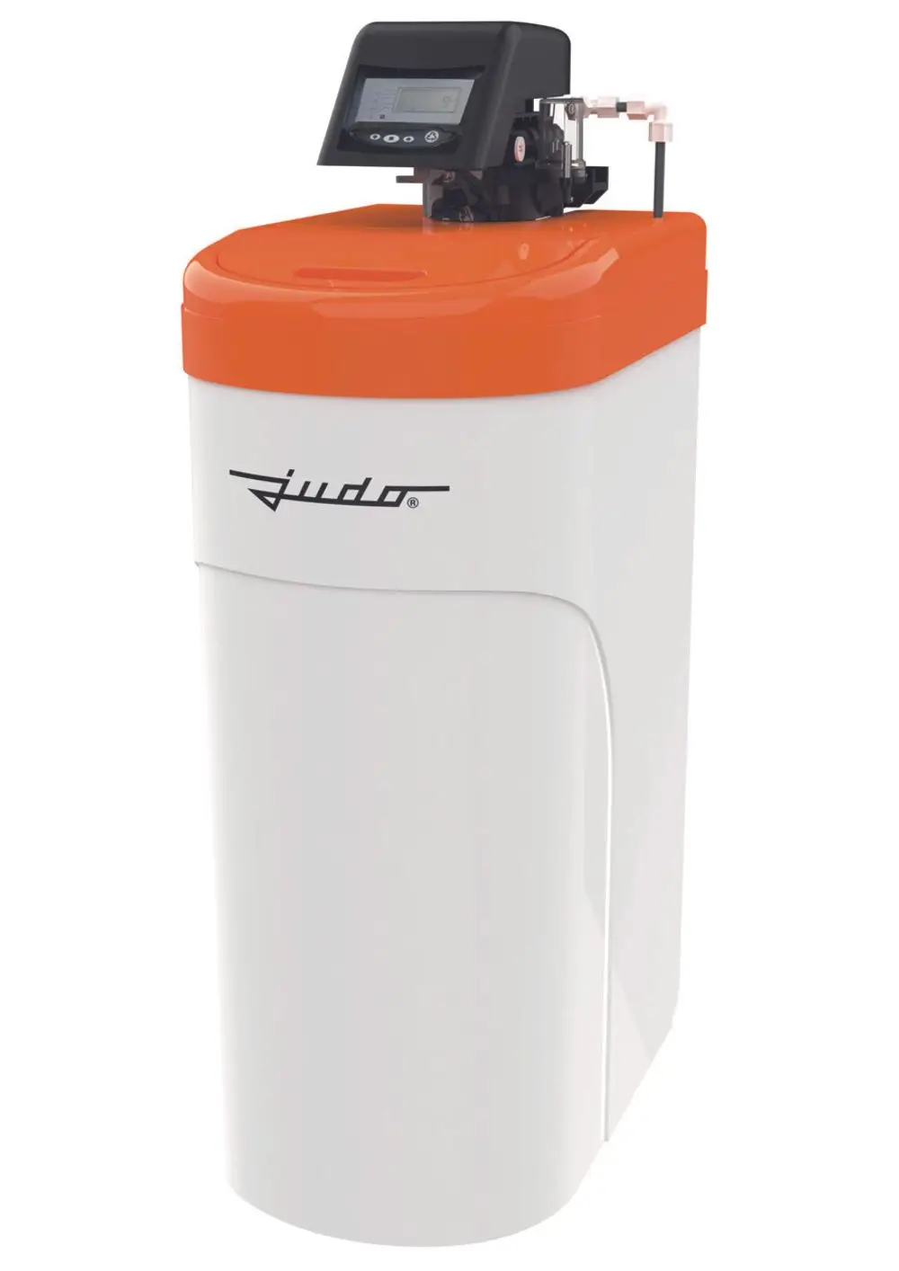 Vertikaler Wassertank in Weiß mit orangefarbenem Deckel und digitalem Display. Judo-Logo auf der Vorderseite sichtbar. Gerät zur Wasserenthärtung.